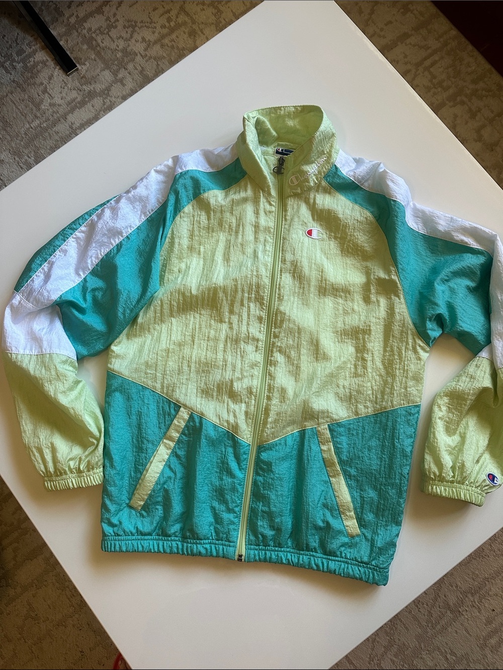 Champion Men’s Retro Colorblock Windbreaker in Light Green, Teal & White